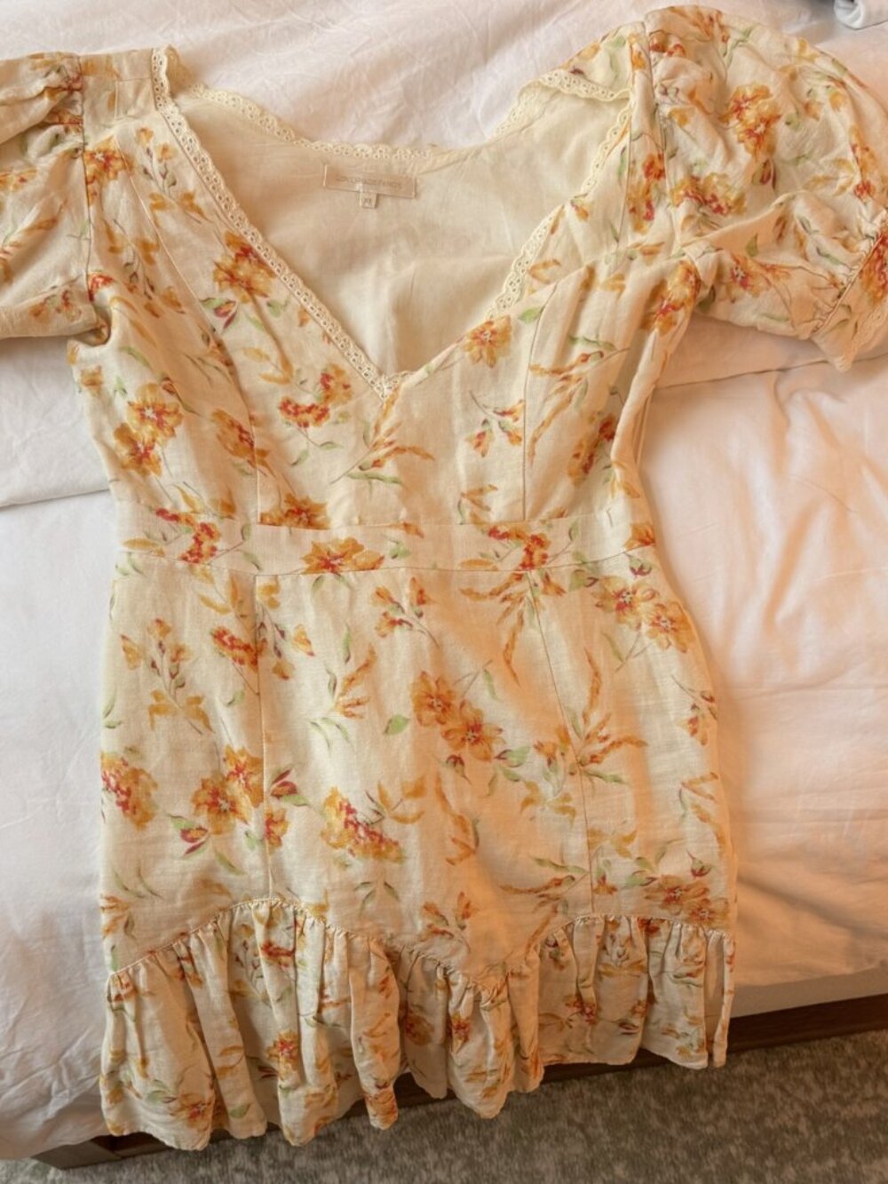 LoveShackFancy Cream Floral Puff Sleeve Mini Dress XS Eyelet Trim